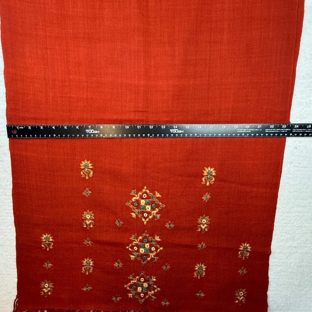 Rust‎ Red Embroidered Floral Fringed table runner Scarf Wrap Boho Artisan folk